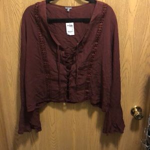 maroon long sleeve open front shirt
